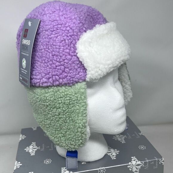 Swiss Tech Pastel Green Purple Fleece Trapper Hat NWT - Picture 6 of 9